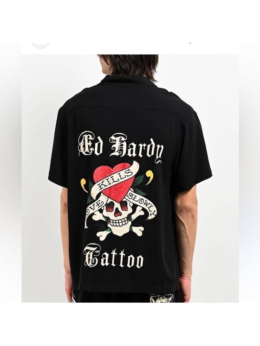 Ed Hardy Love Kills Slowly Black Short Sleeve Button Up Camp Shirt XL